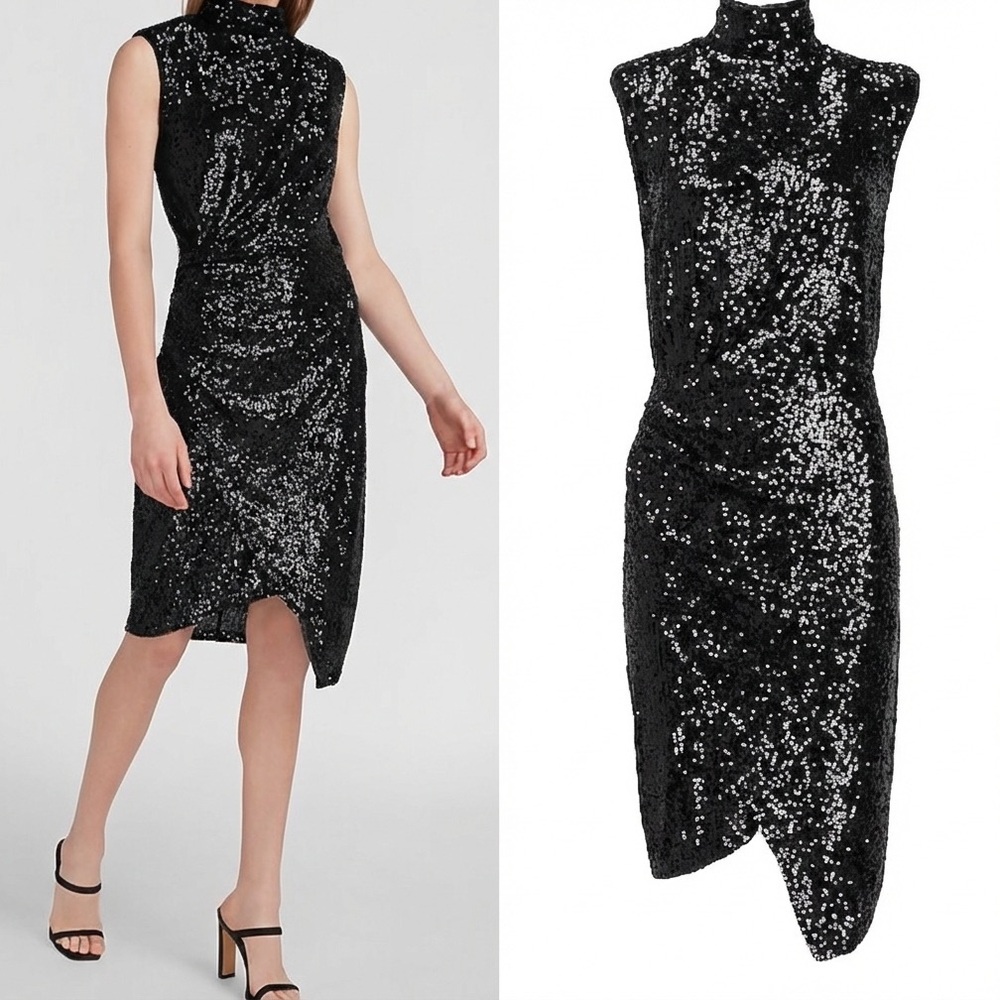 Express Sequin Asymmetrical Mock Neck Dress in Black Sz Small NWT